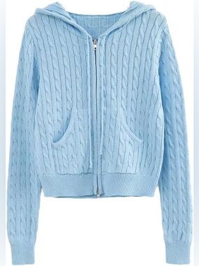 Blue Cable Knit Zip-Up Slim Fit Crop Knit Hoodie